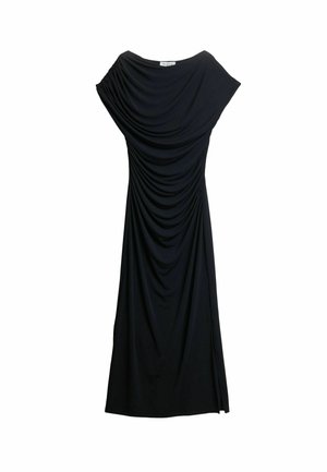 Black sleeveless long dress with draped gathers along neckline, waist, and sides, creating a ruched effect and side slit.