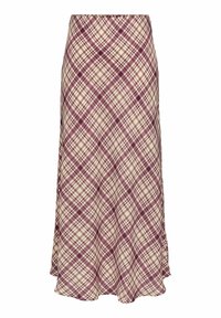 Jupe évasée longueur genou en tissu à motif à carreaux crème et bordeaux foncé, présentant une texture lisse et une forme évasée.