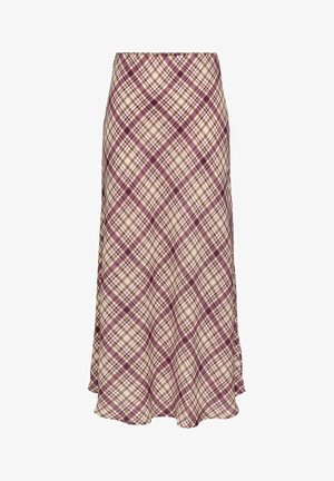 Falda acampanada hasta la rodilla hecha de tela con un patrón de cuadros en crema y burdeos oscuro, con una textura suave y una forma en línea A.