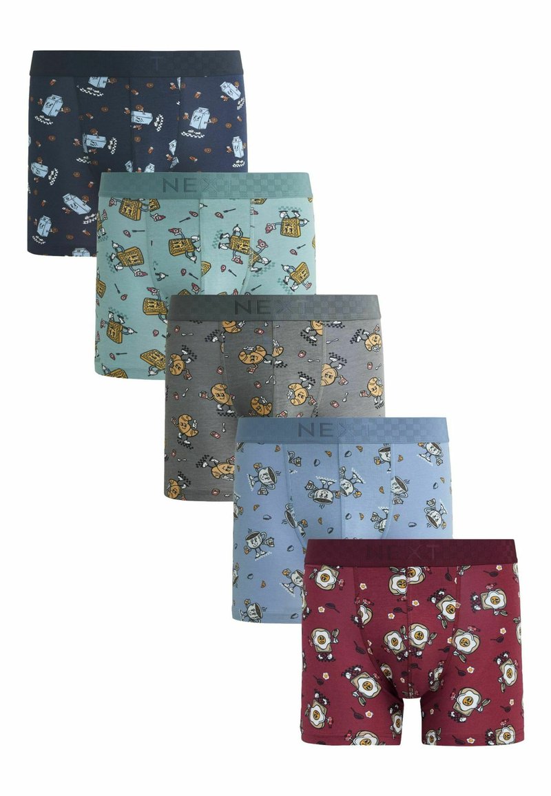 Penkių porų apatiniai šortai įvairių spalvų: tamsiai mėlyni, žalsvi, pilki, šviesiai mėlyni ir burgundiški su žaismingais raštais. Kiekvieni turi elastinę juostelę juosmens srityje.