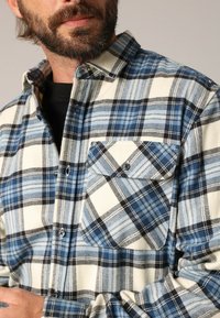 Flanellen shirt met een blauw, wit en zwart ruitpatroon, met een knoopsluiting aan de voorkant en een enkele borstzak. Zachte textuur.