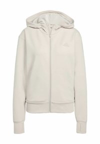 Sudadera con capucha color beige claro con cremallera, capucha con cordón, puños acanalados y un pequeño logotipo grabado en el pecho. Tejido suave y liso.