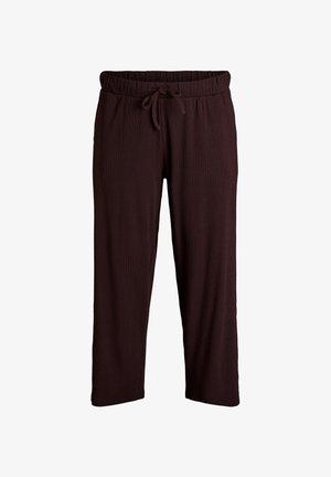 Brown, ribbed, lightweight lounge pants with a drawstring waist and cropped length. Features straight legs and no visible hardware or patterns.