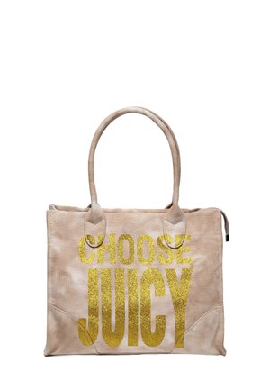 Borsa tote in tela beige con manici doppi e "SCEGLI JUICY" in grande testo con glitter dorato. Design semplice con texture morbida e dettagli minimi.