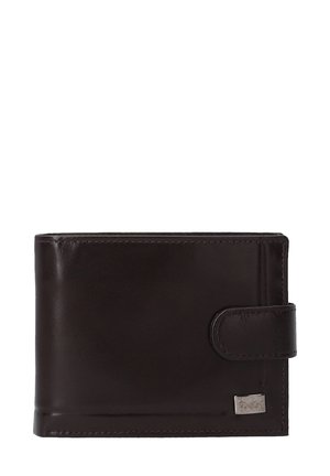 Brown leather wallet, bi-fold design, smooth texture, single button closure, with a small silver logo on the front.