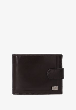 Hnědá kožená peněženka, dvoudílný design, hladký povrch, s jedním knoflíkovým uzávěrem, na přední straně s malým stříbrným logem.