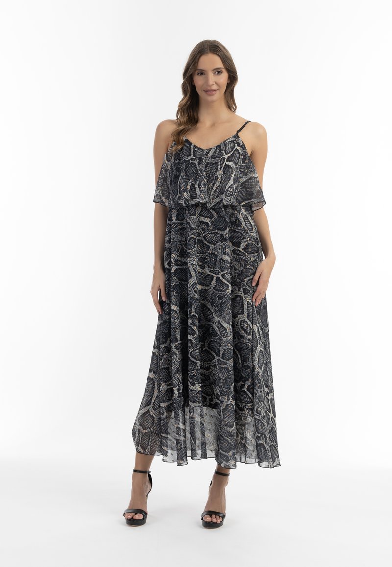 Maxikleid im Schlangenmuster, mit einem geschichteten, leichten Design in Schwarz-, Grau- und Beigetönen. Verstellbare Spaghettiträger.