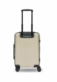 Hartschalenkoffer in Metallic-Gold mit Zickzackmuster, schwarzem Teleskopgriff, vier Rädern und seitlichem Griff zum einfachen Anheben.