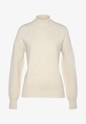 Helles, weiches Strickpullover mit hohem Kragen, überschnittenen Schultern und gerippten Bündchen. Bietet eine leicht lockere Passform und eine minimale Textur.