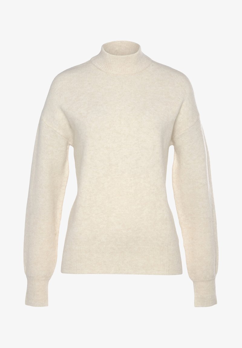 Helles, weiches Strickpullover mit hohem Kragen, überschnittenen Schultern und gerippten Bündchen. Bietet eine leicht lockere Passform und eine minimale Textur.