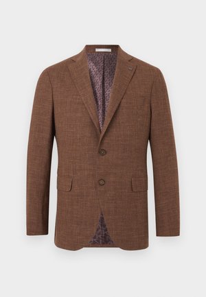 Brown textured men's blazer with notch lapels, two front buttons, flap pockets, and patterned purple lining visible inside.