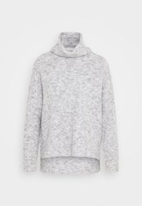 Grauer Strickpullover mit hohem Kragen, langen Ärmeln und einem leicht verkürzten Saum. Die Textur ist weich und zeigt ein gemischtes Muster.