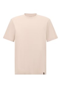 Gai bēša krāsa īsām piedurknēm T-krekls ar apaļu dekoltē, gluda tekstūra un neliels zīmola uzraksts apakšējā malā. Minimālisma dizains.