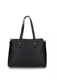 Borsa tote in pelle nera con superficie texturizzata, doppi manici, accessori in tonalità oro e chiusura con zip superiore. Presenta un design minimalista e una forma strutturata.