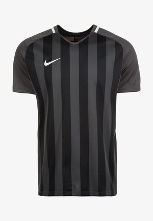 Black and dark gray vertically striped short-sleeve sports shirt with a V-neck and white Nike swoosh logo on the right chest.