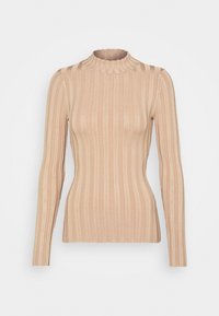 Lange mouw ribgebreide coltrui in licht beige, met een aansluitend ontwerp en een zachte, rekbare textuur, ideaal voor laagjes of om zelfstandig te dragen.