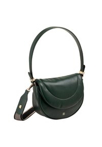 Borsa a mano a forma di mezzaluna in pelle verde scuro con manico corto e tracolla staccabile a strisce bianche e nere, hardware in oro.
