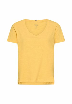 Geel katoenen T-shirt met korte mouwen en V-hals, recht afgewerkte zoom, afgebeeld op een witte achtergrond.