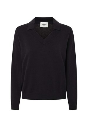 Črna pulover z V-izrezom in ovratnikom, dolgimi rokavi, rebrastimi manšetami in robom. Ima majhen logotip na spodnji strani.