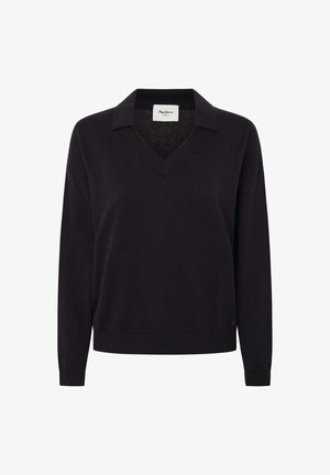 Črna pulover z V-izrezom in ovratnikom, dolgimi rokavi, rebrastimi manšetami in robom. Ima majhen logotip na spodnji strani.