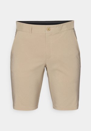 Beige shorts made of cotton blend fabric. Features a button closure, belt loops, and straight hems. No visible patterns or accents.
