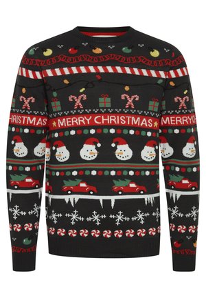 Maglione nero a maglia con motivi festivi, featuring pupazzi di neve, bastoncini di zucchero e auto con alberi di Natale. Design colorati in rosso, verde e bianco.