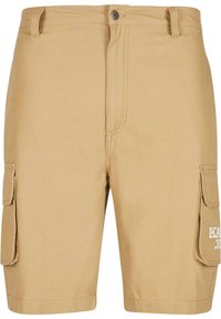 Khaki cargo šortky z bavlneného zmesi, s dvoma bočnými vreckami, uzáverom na gombík a detailným prešívaním. Ľahký, po kolená siahajúci dizajn.