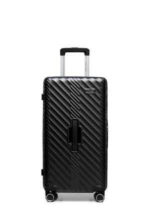 Zwarte harde koffer met diagonale ribbels, uitschuifbare handgreep, centrale zijgreep, vier zwenkwieltjes en het Wittchen merklogo.