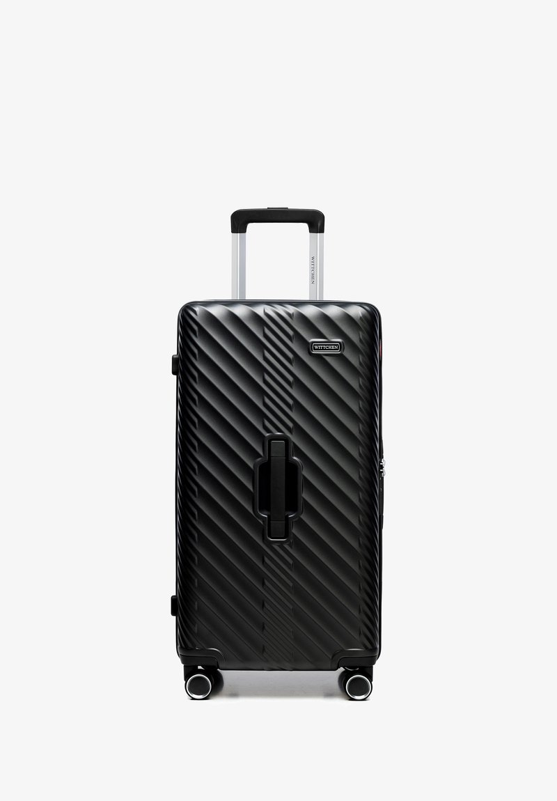 Valigia rigida nera con scanalature diagonali, manico telescopico, maniglia centrale laterale, quattro ruote girevoli e logo del marchio Wittchen.