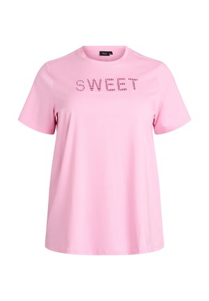 Rosa kurzärmliges T-Shirt aus Baumwolle mit lockerem Schnitt. Auf der Brust ist das Wort "SWEET" in einem punkteartigen Design abgebildet.