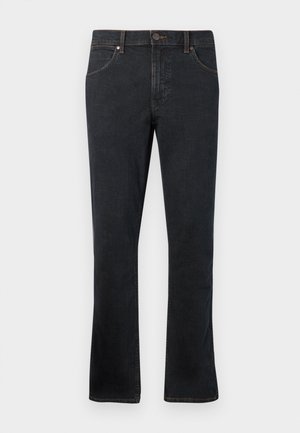 Mørkeblå denim jeans med lige pasform, der har fem lommer, kontrastsyninger og en let udvidelse ved kanten.