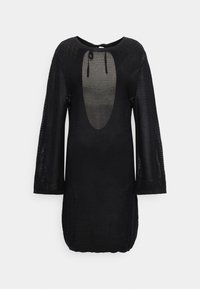 Μαύρο πλεκτό φόρεμα μακρυμάνικο με ανοιχτό πλεκτό μοτίβο, στρογγυλή λαιμόκοψη και άνοιγμα σε σχήμα κλειδαρότρυπας δεμένο με φιόγκο στο επάνω μέρος του στήθους.