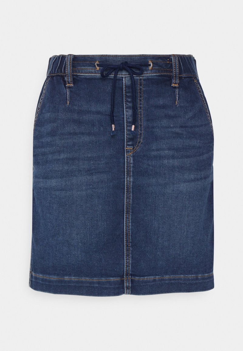 Jupe en denim bleu foncé avec taille élastique, coutures devant, passants de ceinture, poches latérales et cordon de serrage bleu marine à la taille.