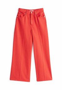 Czerwone spodnie w szerokim kroju z bawełny, z wysokim stanem, kieszeniami z przodu i pojedynczym zapięciem na guzik oraz suwakiem.