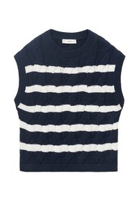 Temno moder brezrokavnik s belimi vodoravnimi črtami. Teksturna pletenina z vzorcem pletenice, žabica in rob z rebrastim zaključkom.