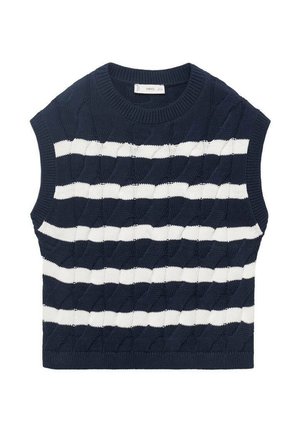 Pull sans manches bleu marine avec des rayures horizontales blanches. Motif en côtes texturé, col rond côtelé et ourlet.