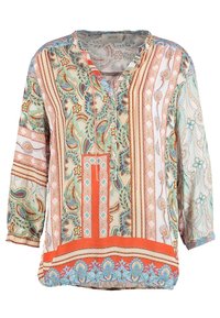 Long-sleeve blouse featuring a multicolored paisley and geometric pattern, with a V-neck, button placket, and an orange accent band at the hem.