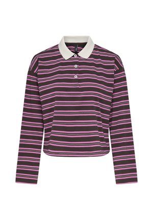 Polo de manga larga con rayas horizontales negras y rosas y cuello blanco, con tapeta de tres botones.
