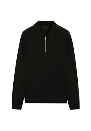 Černý pulovrový svetr s zipovým výstřihem, dlouhými rukávy, plochým límcem a hladkým povrchem. Jednoduchý, čistý design bez vzorů.