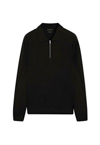 Czarny sweter z długim rękawem z zamkiem błyskawicznym przy dekolcie, płaskim kołnierzem i gładką fakturą. Prosty, czysty design bez wzorów.