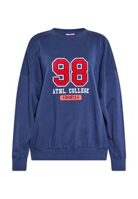 Felpa blu navy con scollatura rotonda, caratterizzata da ricamo rosso e bianco "98 ATHL. COLLEGE SPORTS" sul davanti e polsini a costine.