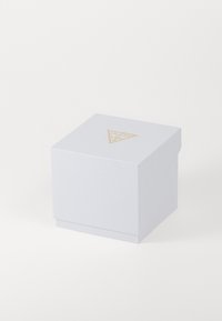Vit texturerad presentask med en triangulär guldig logotyp på toppen. Fyrkantig form med design för glidlock.