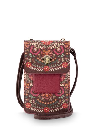 Small crossbody bag with floral embroidery in red, pink, orange, and green on brown background, featuring a decorative metal clasp and adjustable strap.