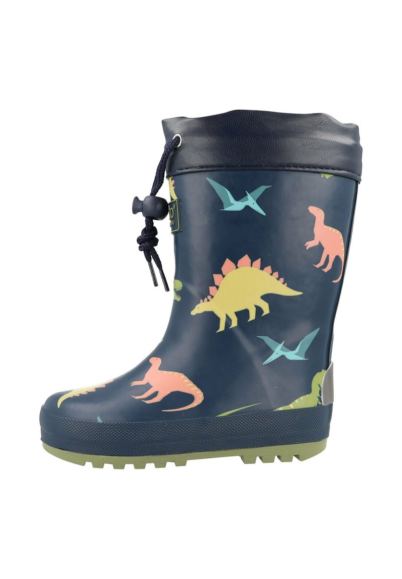 Navy rubber rain boot with colorful dinosaur patterns. Features a textured sole, a navy top trim, and an adjustable drawstring.