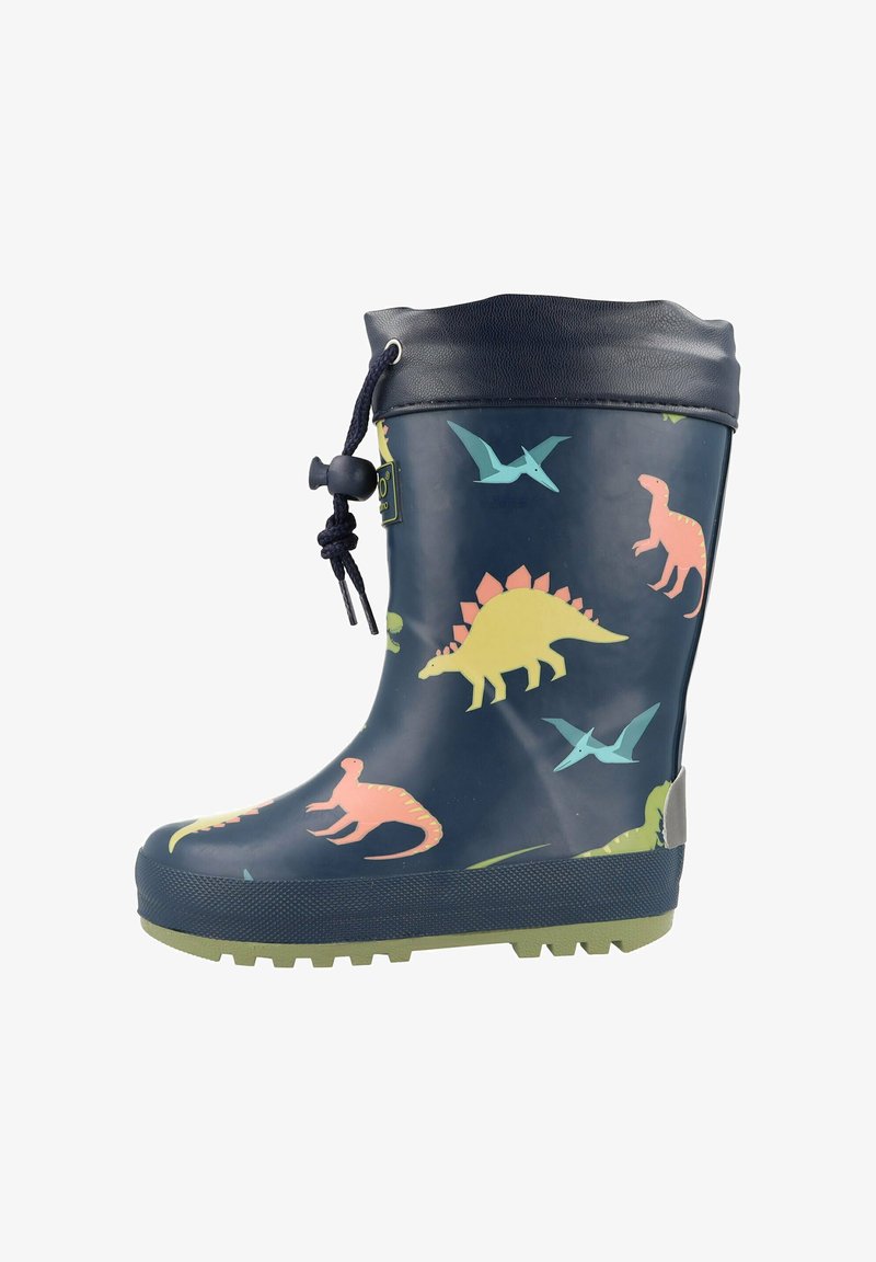 Navy rubber rain boot with colorful dinosaur patterns. Features a textured sole, a navy top trim, and an adjustable drawstring.