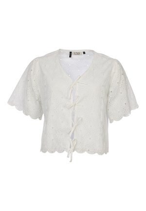Weißes, kurzärmeliges, bauchfreies Blüschen mit floraler Lochstickerei, geschwungenen Kanten, V-Ausschnitt und vorderen Knotenverschlüssen.