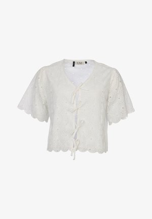 Witte cropped blouse met korte mouwen en bloemeneyeletborduursel, uitgewerkte randen, V-hals en sluitingen met knoop aan de voorkant.