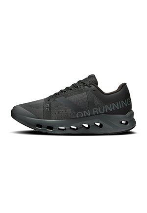 Black athletic running shoe with mesh upper, cushioned sole featuring oval cutouts, and "ON RUNNING" text on the side.