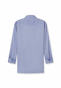  Lichtblauwe lange mouwen shirt met een klassieke kraag, met een effen textuur en opgerolde mouwen. De achterkant toont een soepele, op maat gemaakte uitstraling.