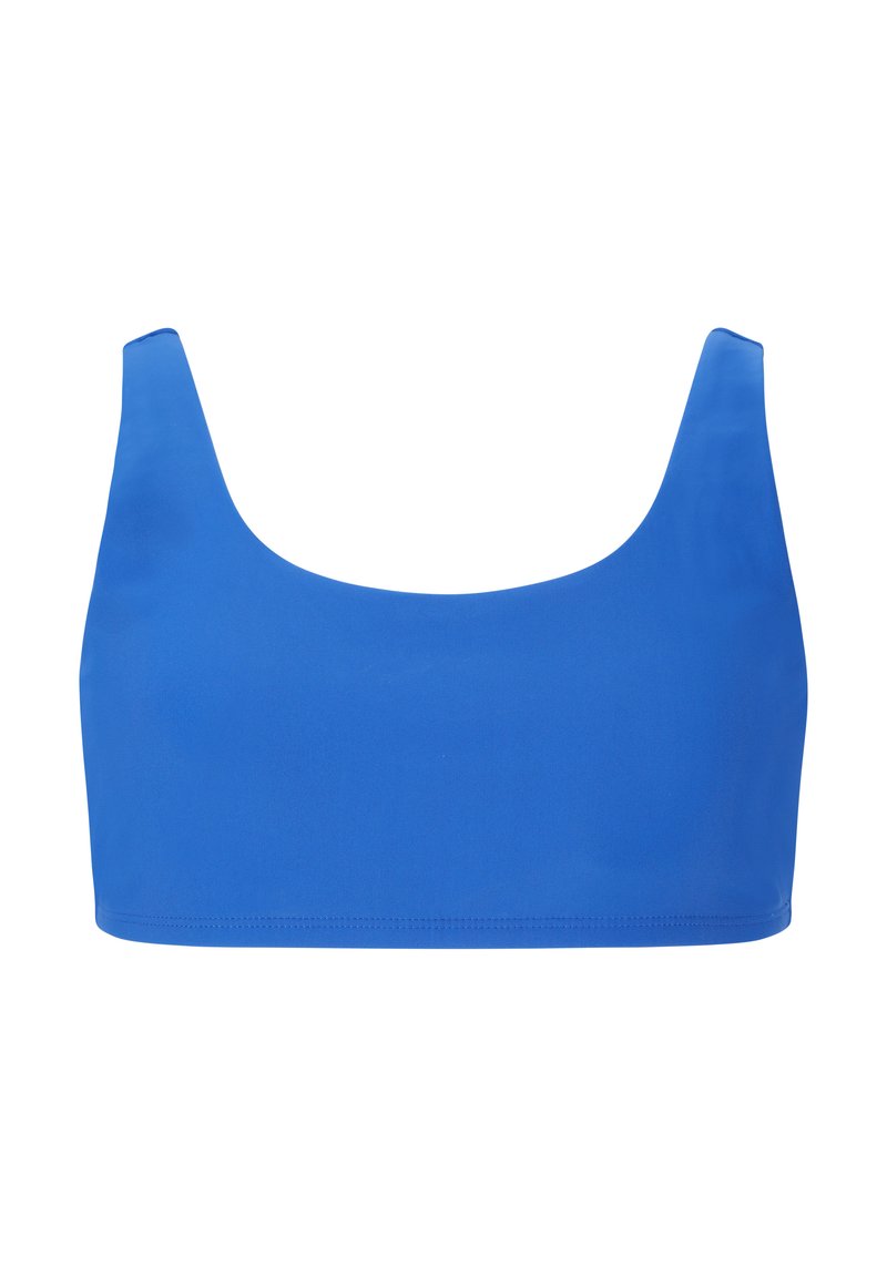 Blå, sömlös bralette med fyrkantig halsringning och breda axelremmar. Tillverkad av ett mjukt, elastiskt material utan synliga dekorationer.